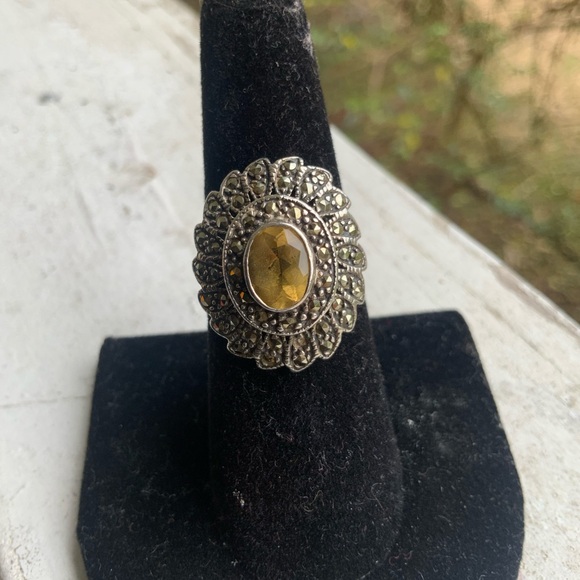 Vintage 925 Sterling Silver Oval-Shaped Citrine Gemstone Ring w/ Marcasite Sz 6 - Picture 6 of 16
